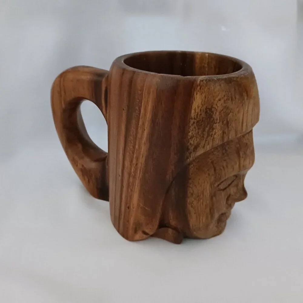 Vintage Wood Wooden Tiki Face Head Figural‎ Mug Cup Hand Carved Handle 5